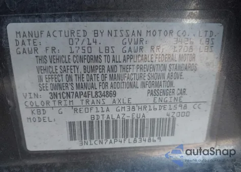 2015 Nissan Versa 1.6 S+ z USA, uszkodzony, nr VIN 3N1CN7AP4FL834869